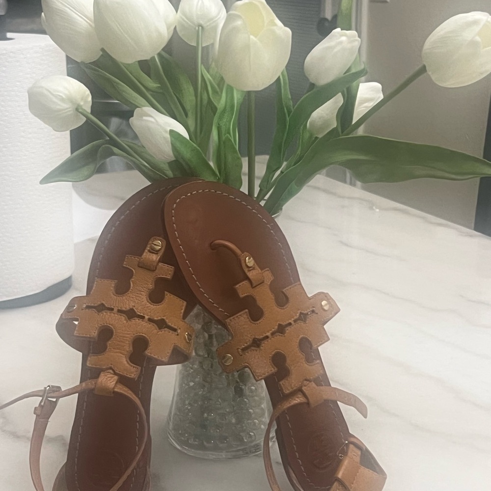 Tory Burch Cognac Leather Logo Cutout Sandals